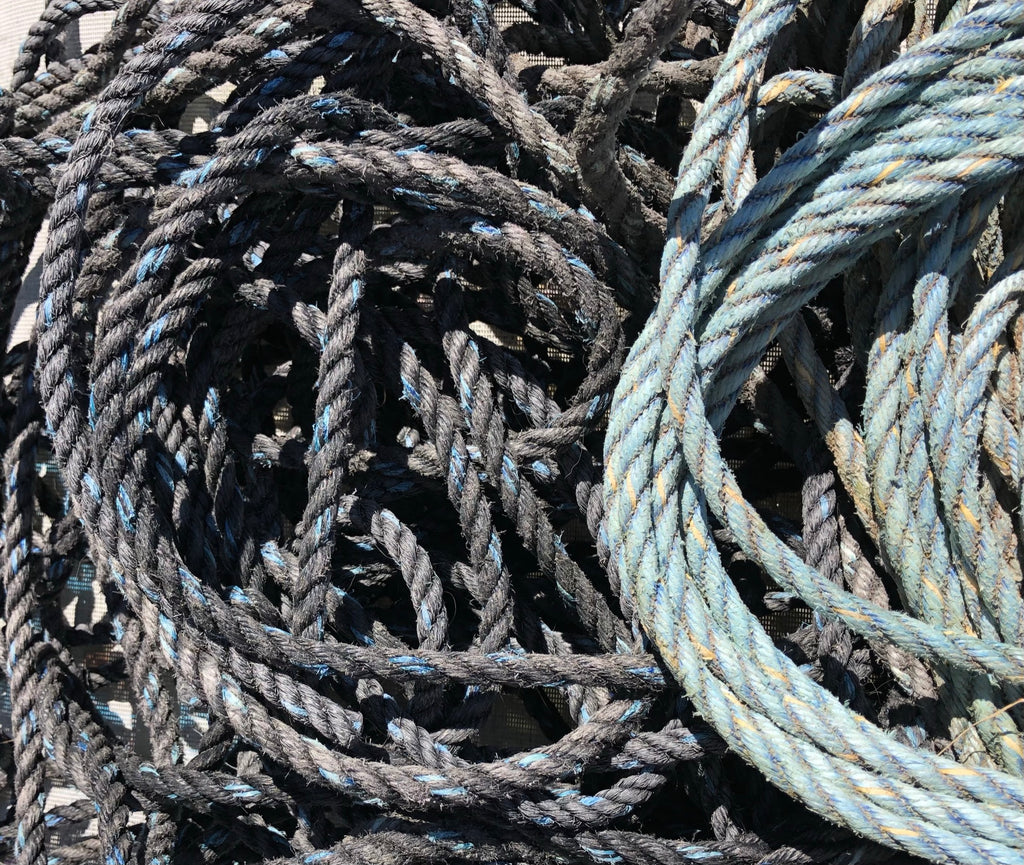 Custom 20” x 36” Rope Rug of Charcoal with Two Blue Stripes