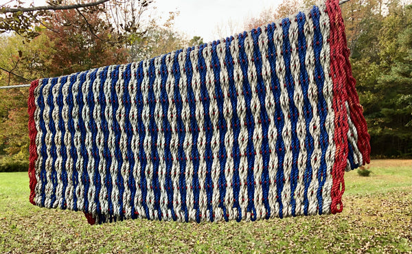 Custom 4’ x 4’ Aqua, Blue with Red Accent Rag Rug – Maine Coast Rope Rugs